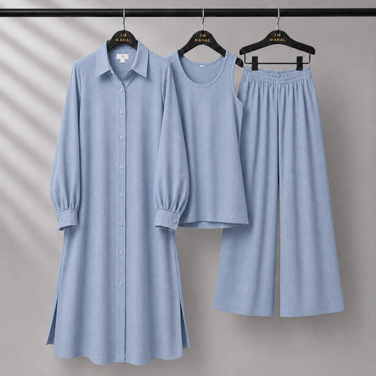 Modest Suit Long Top, Inner & Wide-Leg Pants 3-Piece | ZM-023