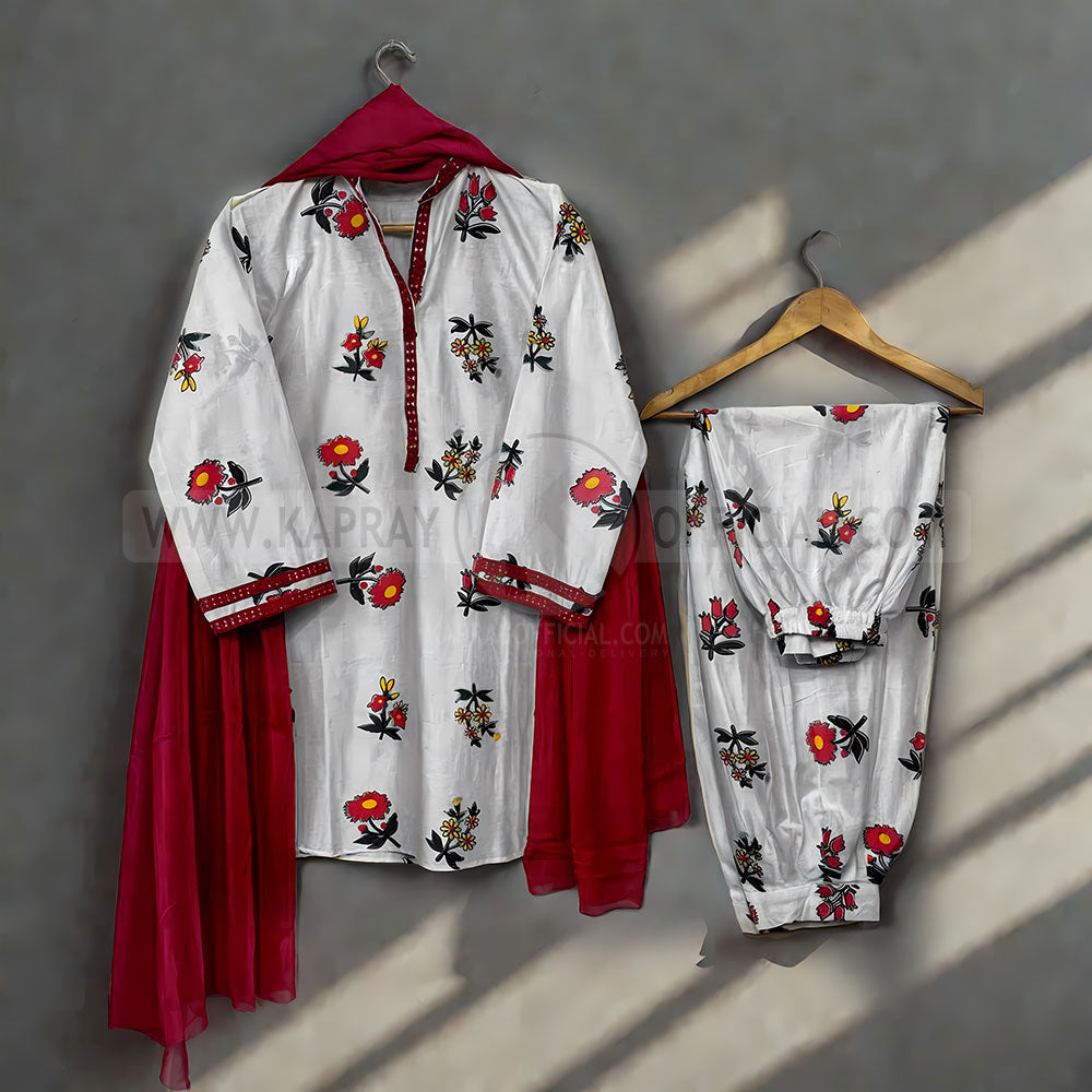 Digital Motif Printed With Neck Sleeves EMB Lace 3-Piece Suit