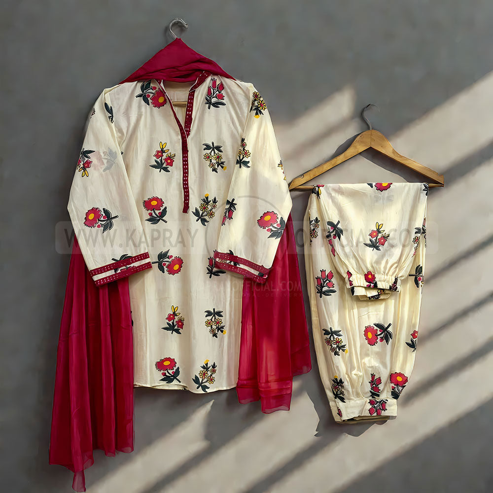 Digital Motif Printed With Neck Sleeves EMB Lace 3-Piece Suit