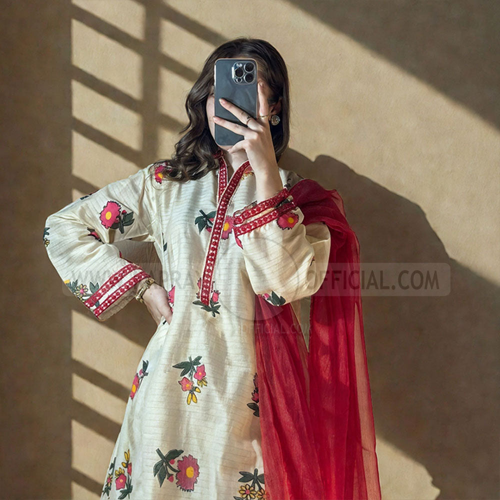 Digital Motif Printed With Neck Sleeves EMB Lace 3-Piece Suit