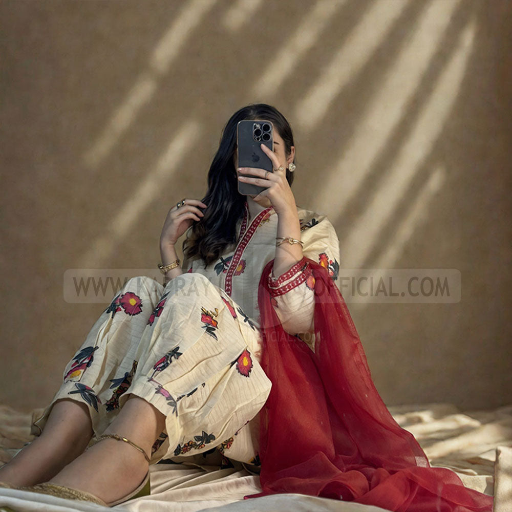Digital Motif Printed With Neck Sleeves EMB Lace 3-Piece Suit