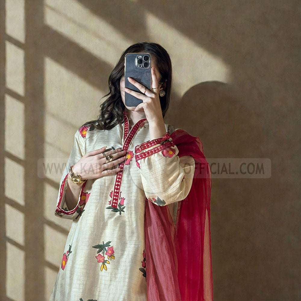 Digital Motif Printed With Neck Sleeves EMB Lace 3-Piece Suit