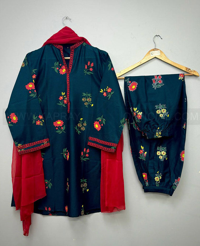 Digital Motif Printed With Neck Sleeves EMB Lace 3-Piece Suit