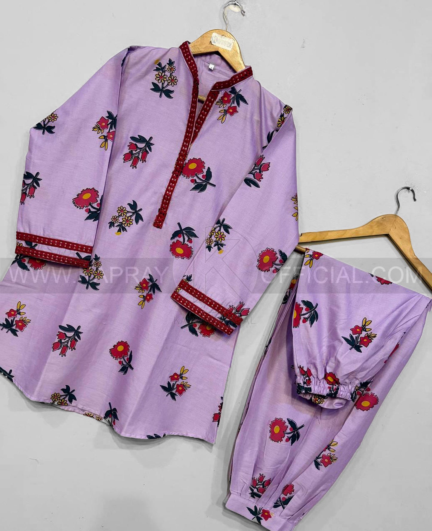 Digital Motif Printed With Neck Sleeves EMB Lace 2-Piece Suit