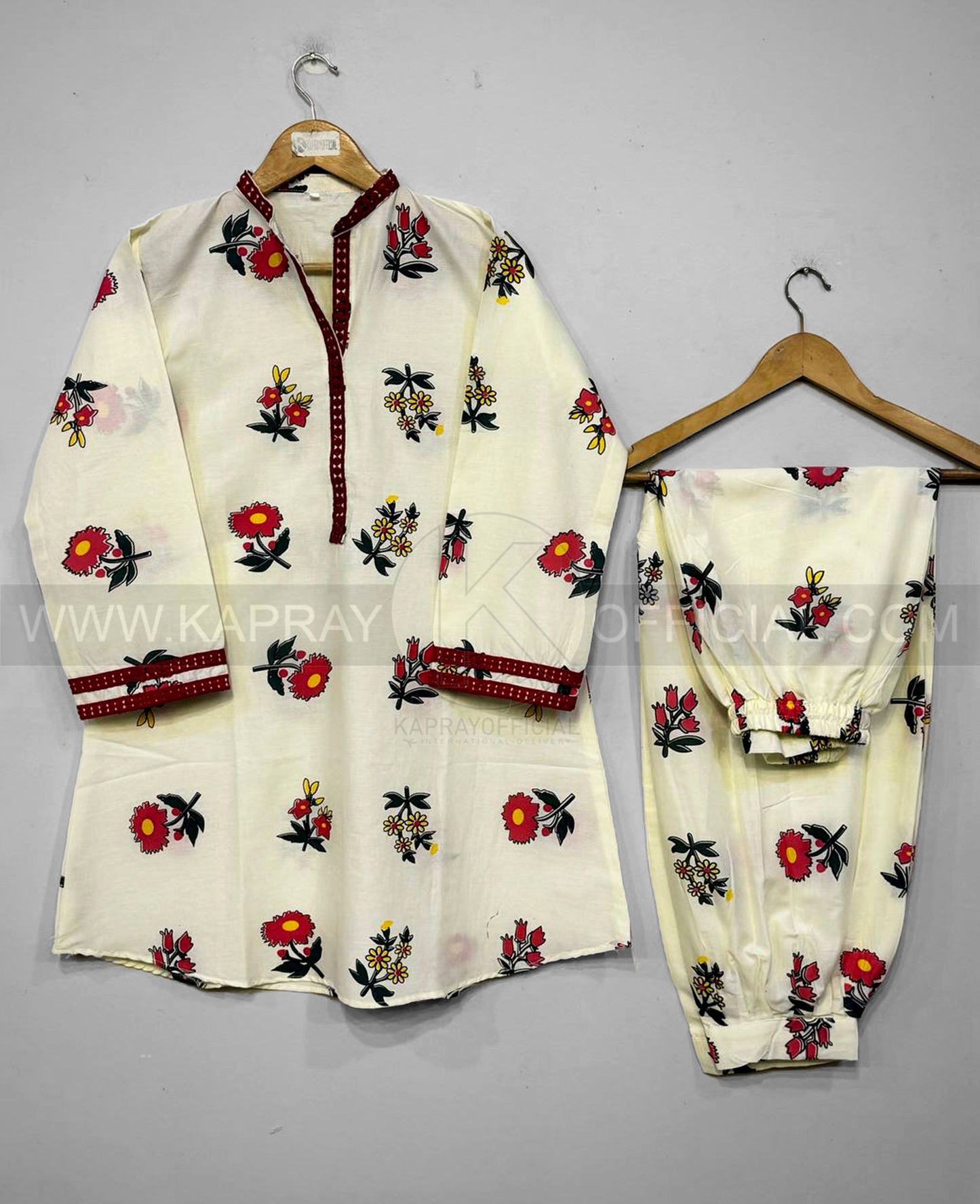 Digital Motif Printed With Neck Sleeves EMB Lace 2-Piece Suit