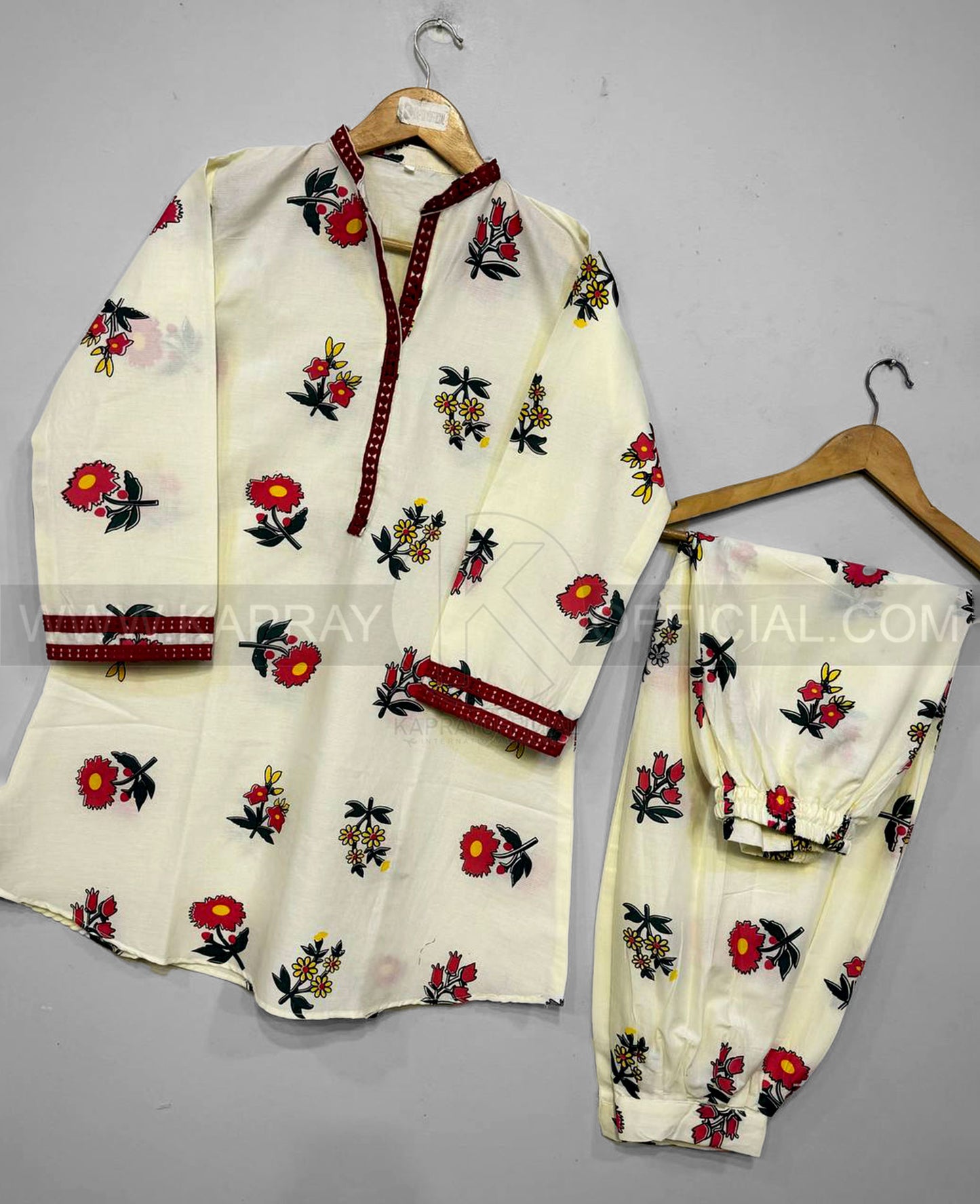 Digital Motif Printed With Neck Sleeves EMB Lace 2-Piece Suit