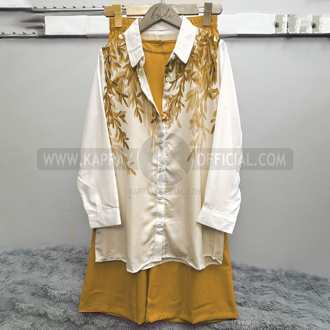Leaf Print Casual Long-Sleeved Blouse White