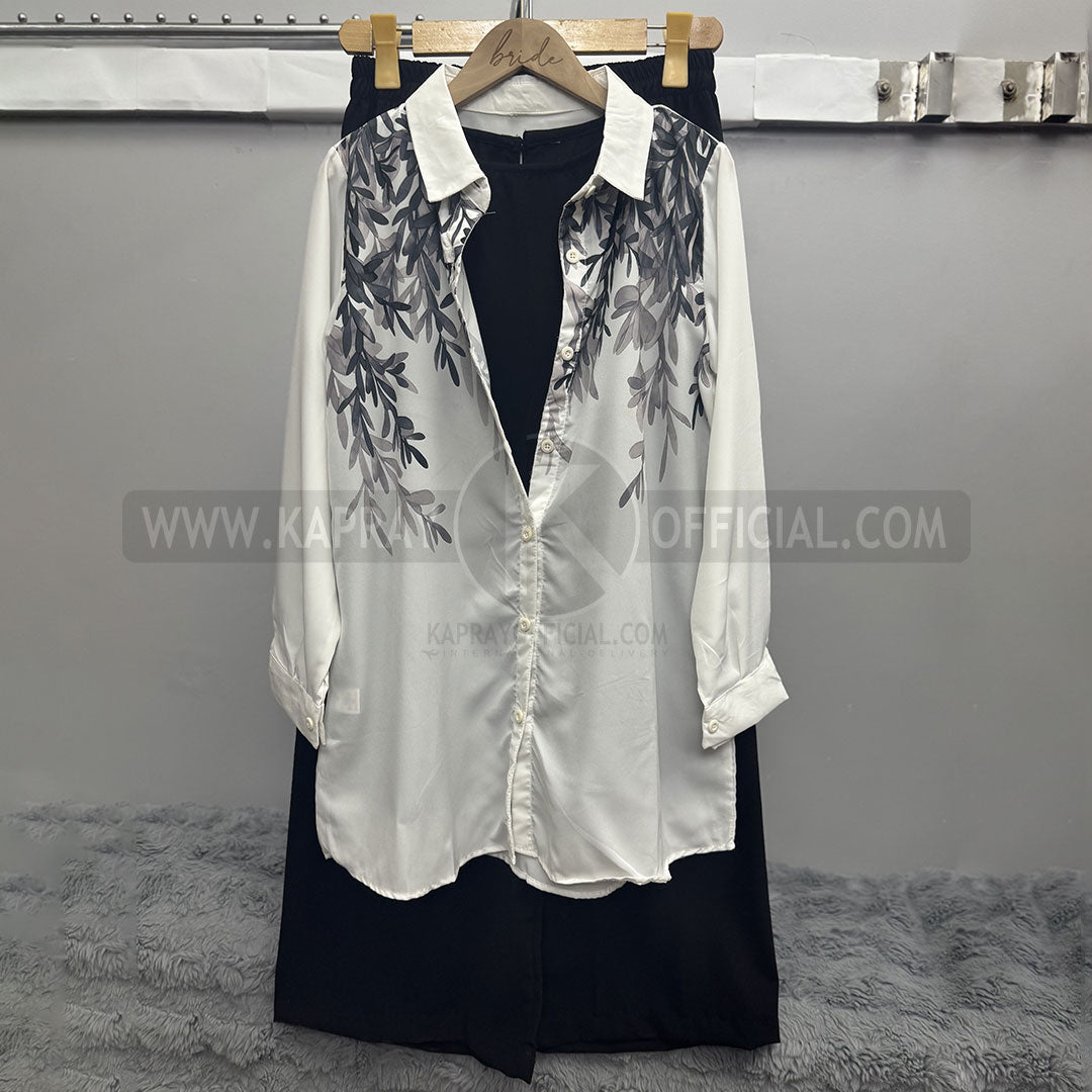Leaf Print Casual Long-Sleeved Blouse White