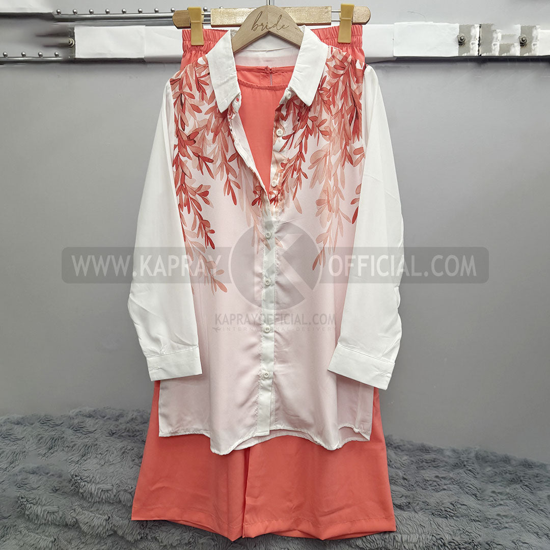 Leaf Print Casual Long-Sleeved Blouse White