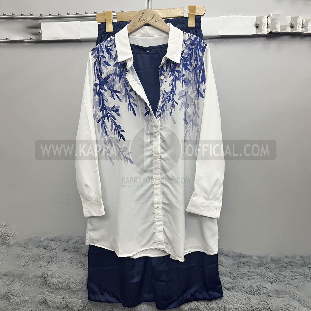 Leaf Print Casual Long-Sleeved Blouse White