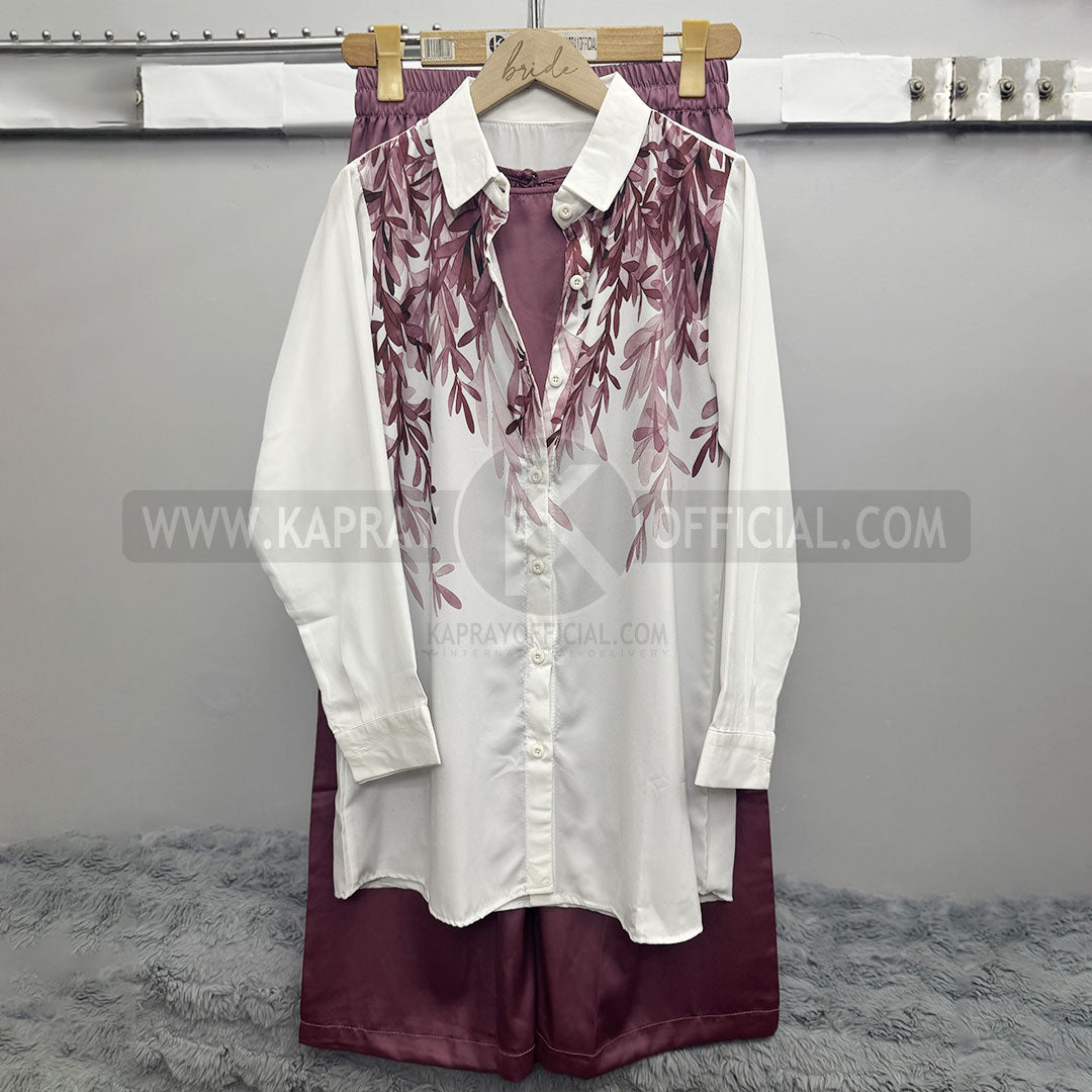 Leaf Print Casual Long-Sleeved Blouse White