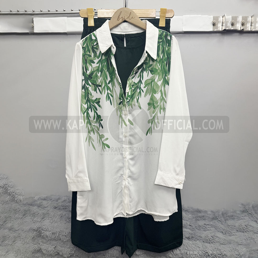 Leaf Print Casual Long-Sleeved Blouse White