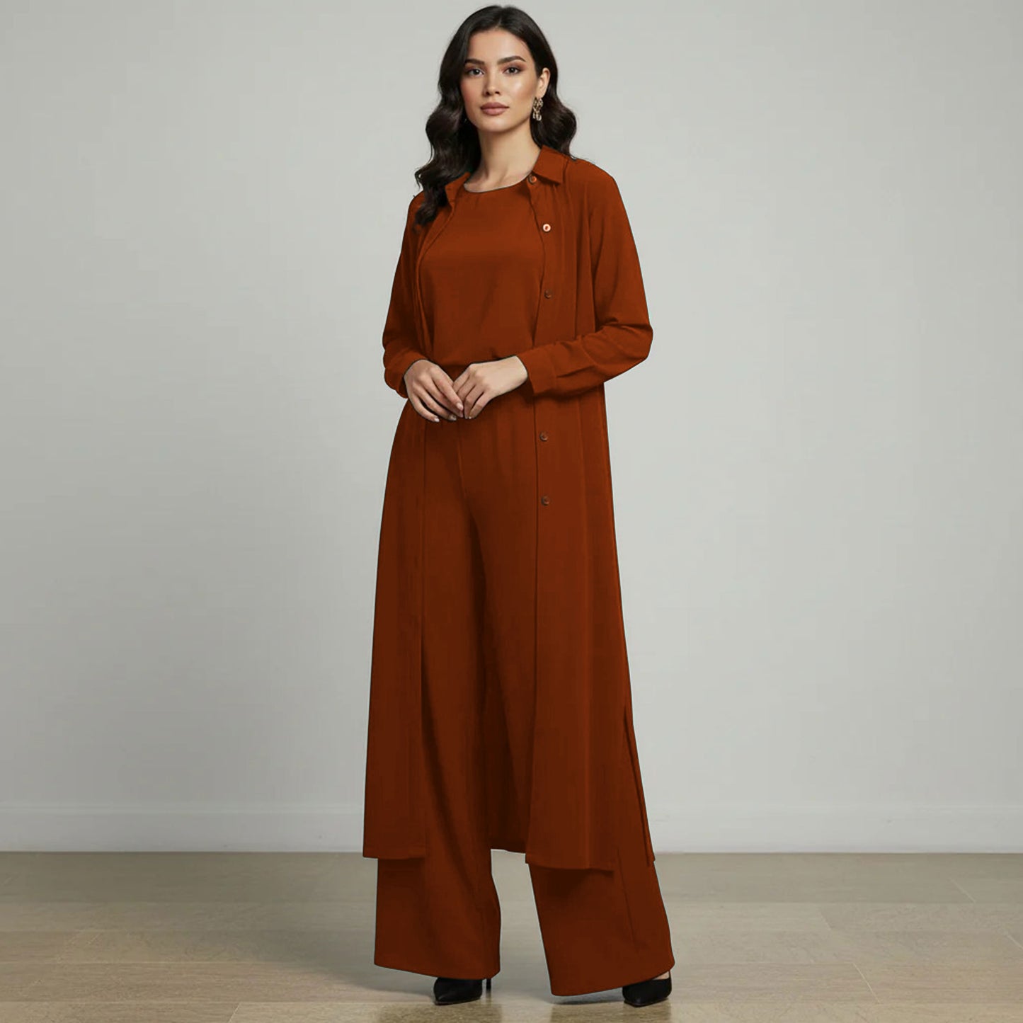 3-Piece Modest Suit Long Top, Inner & Wide-Leg Pants