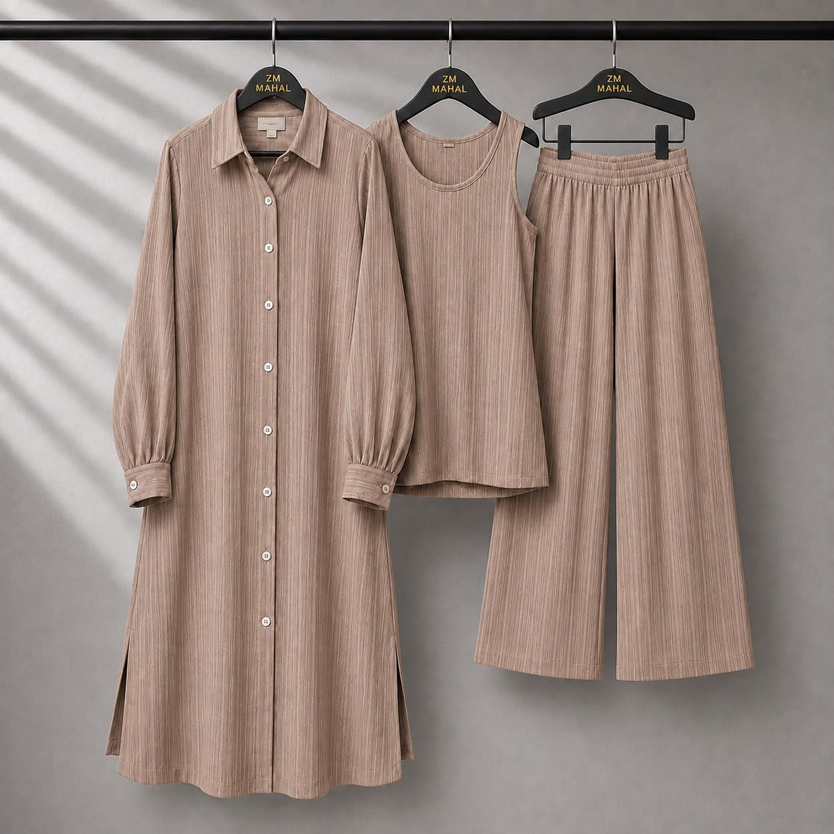 Modest Suit Long Top, Inner & Wide-Leg Pants 3-Piece
