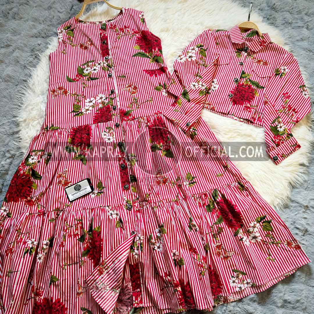Striped and Floral Viscose Dress Set | KO-2