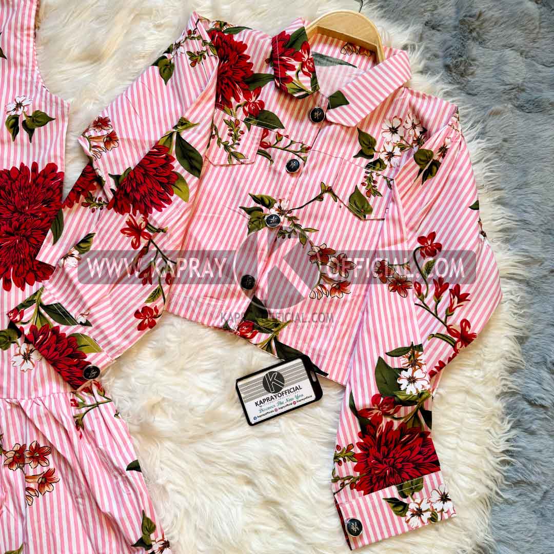 Striped and Floral Viscose Dress Set | KO-2