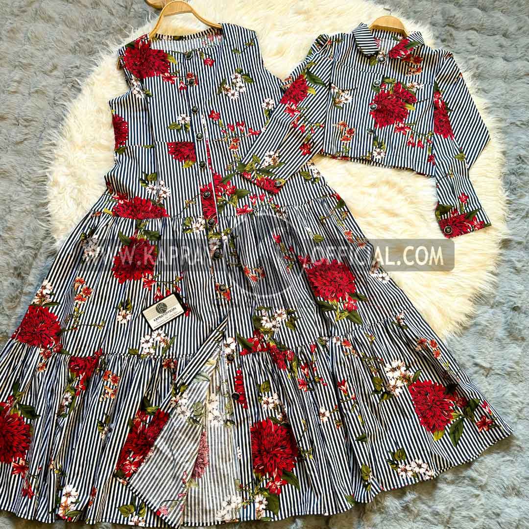 Striped and Floral Viscose Dress Set | KO-2
