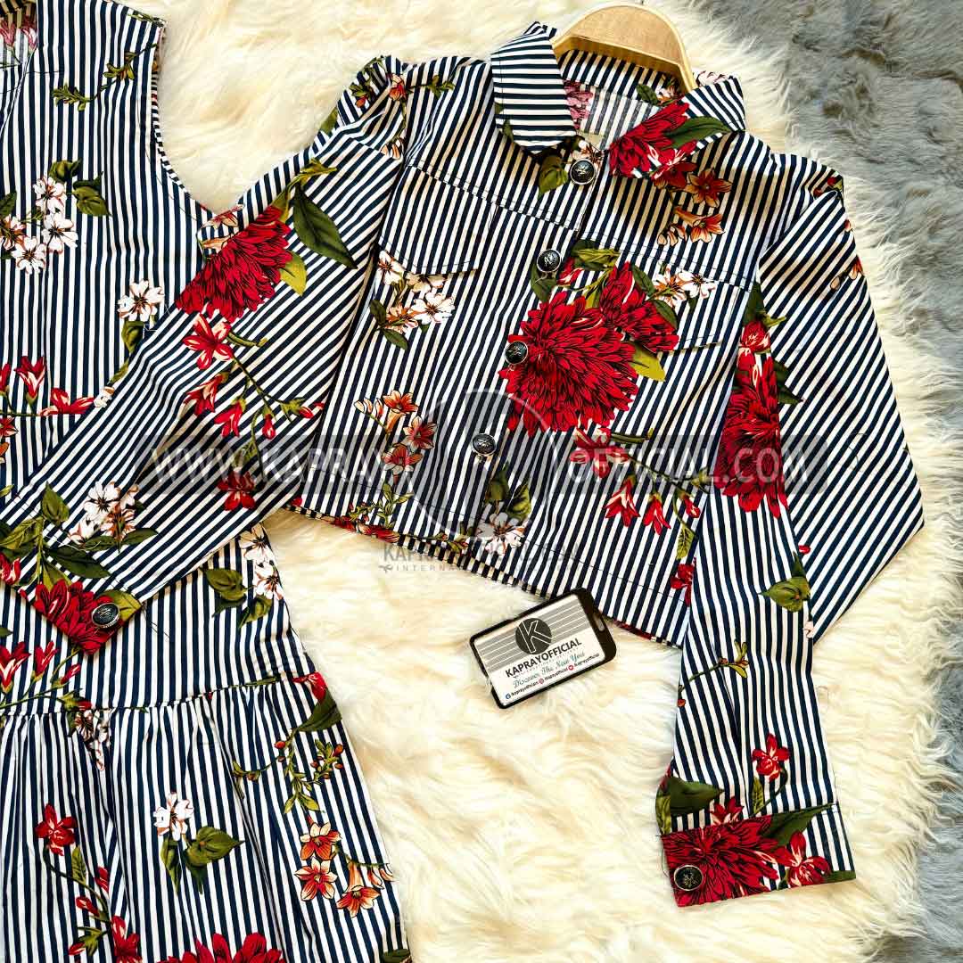 Striped and Floral Viscose Dress Set | KO-2
