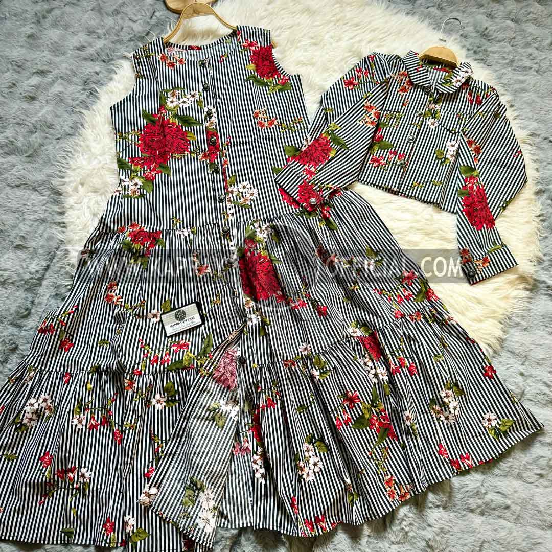 Striped and Floral Viscose Dress Set | KO-2