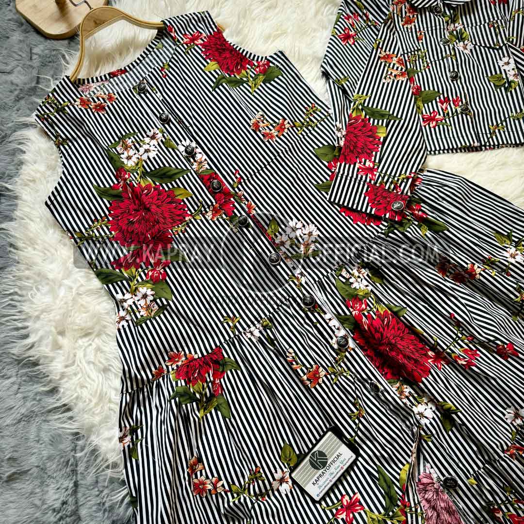 Striped and Floral Viscose Dress Set | KO-2