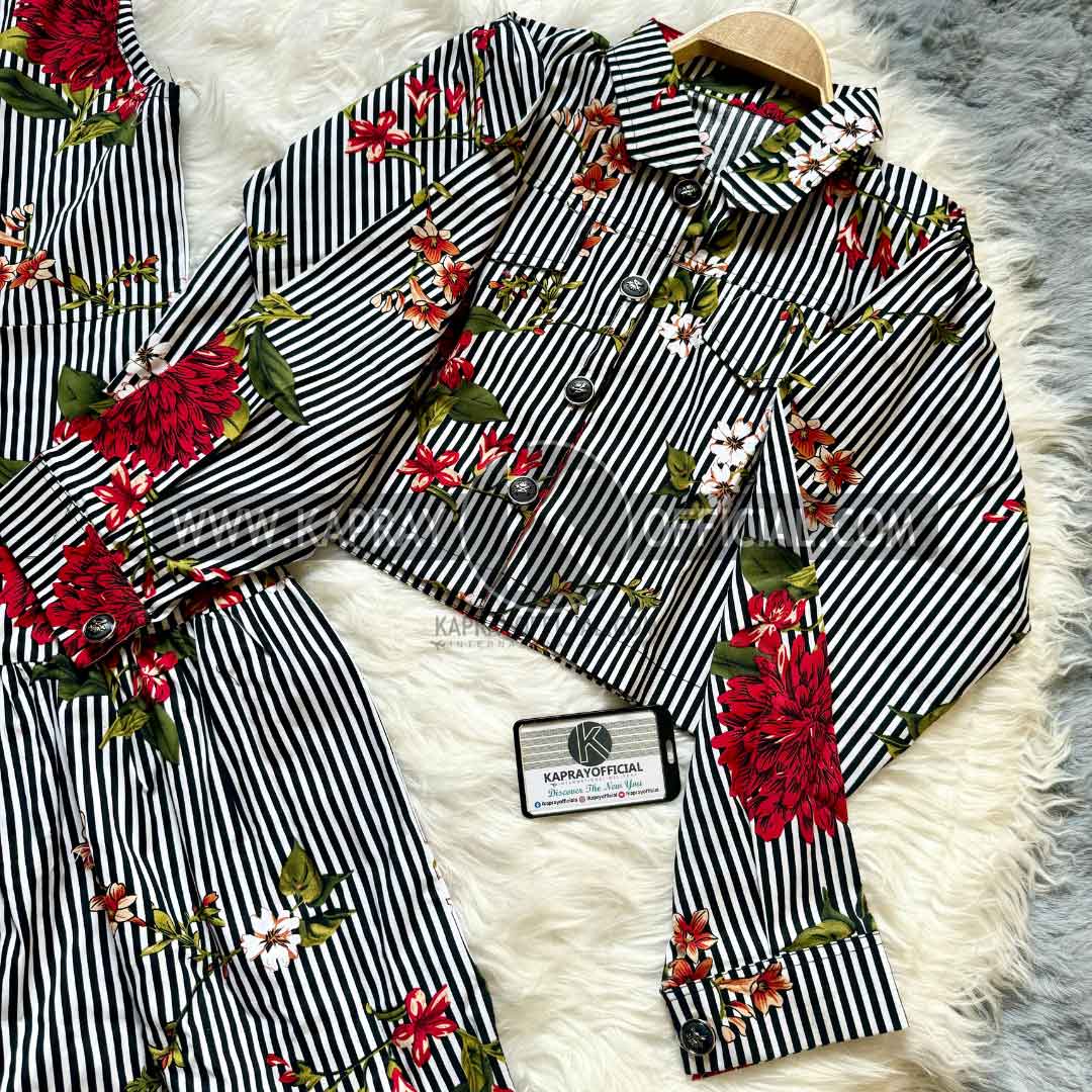 Striped and Floral Viscose Dress Set | KO-2