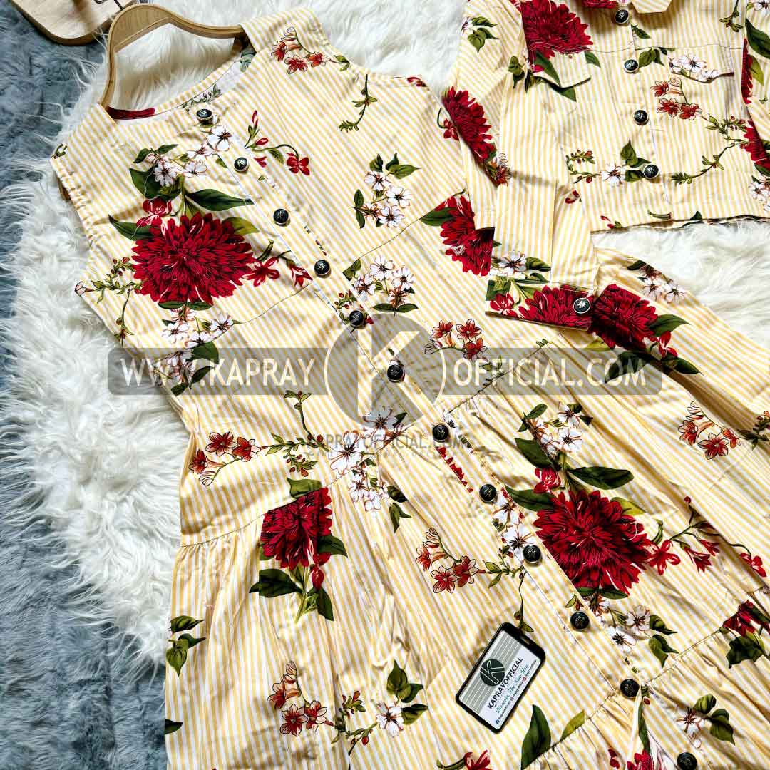 Striped and Floral Viscose Dress Set | KO-2