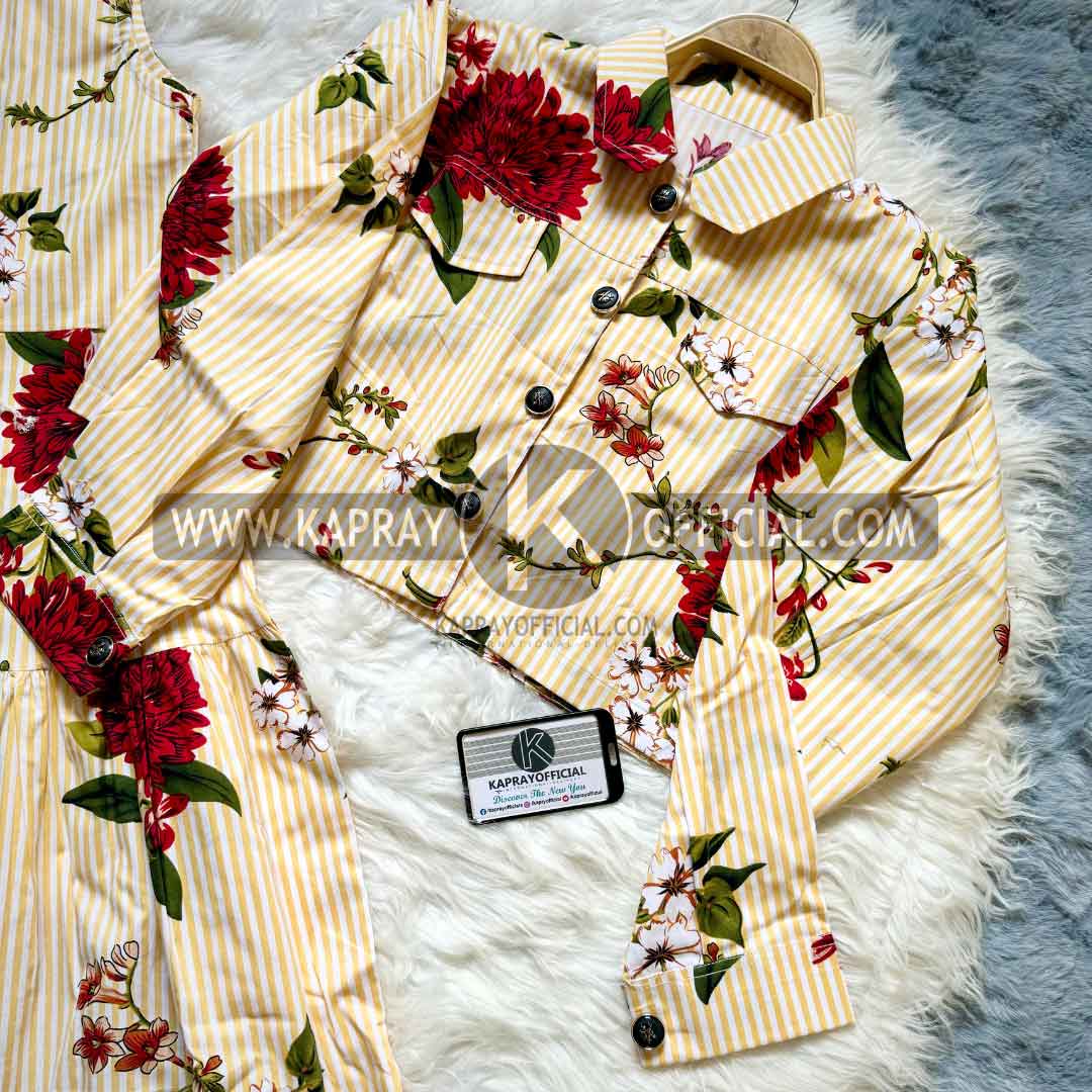 Striped and Floral Viscose Dress Set | KO-2