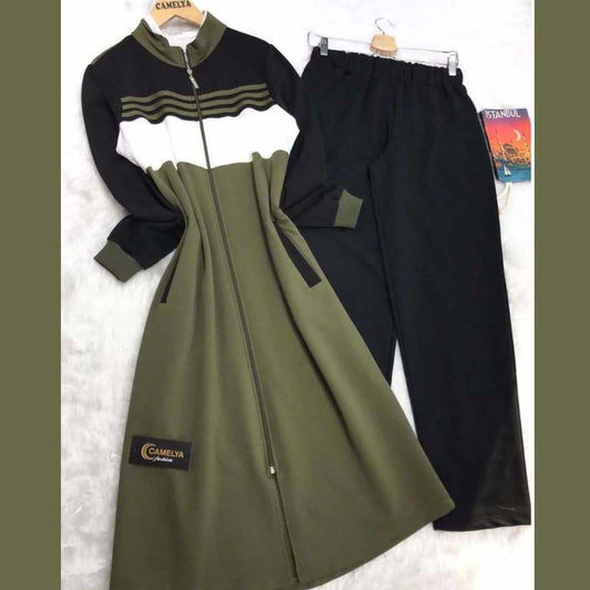 Long Front Stripe Style Patch-Work 2-Pcs Winter Zipper Tracksuit. WWTS-12