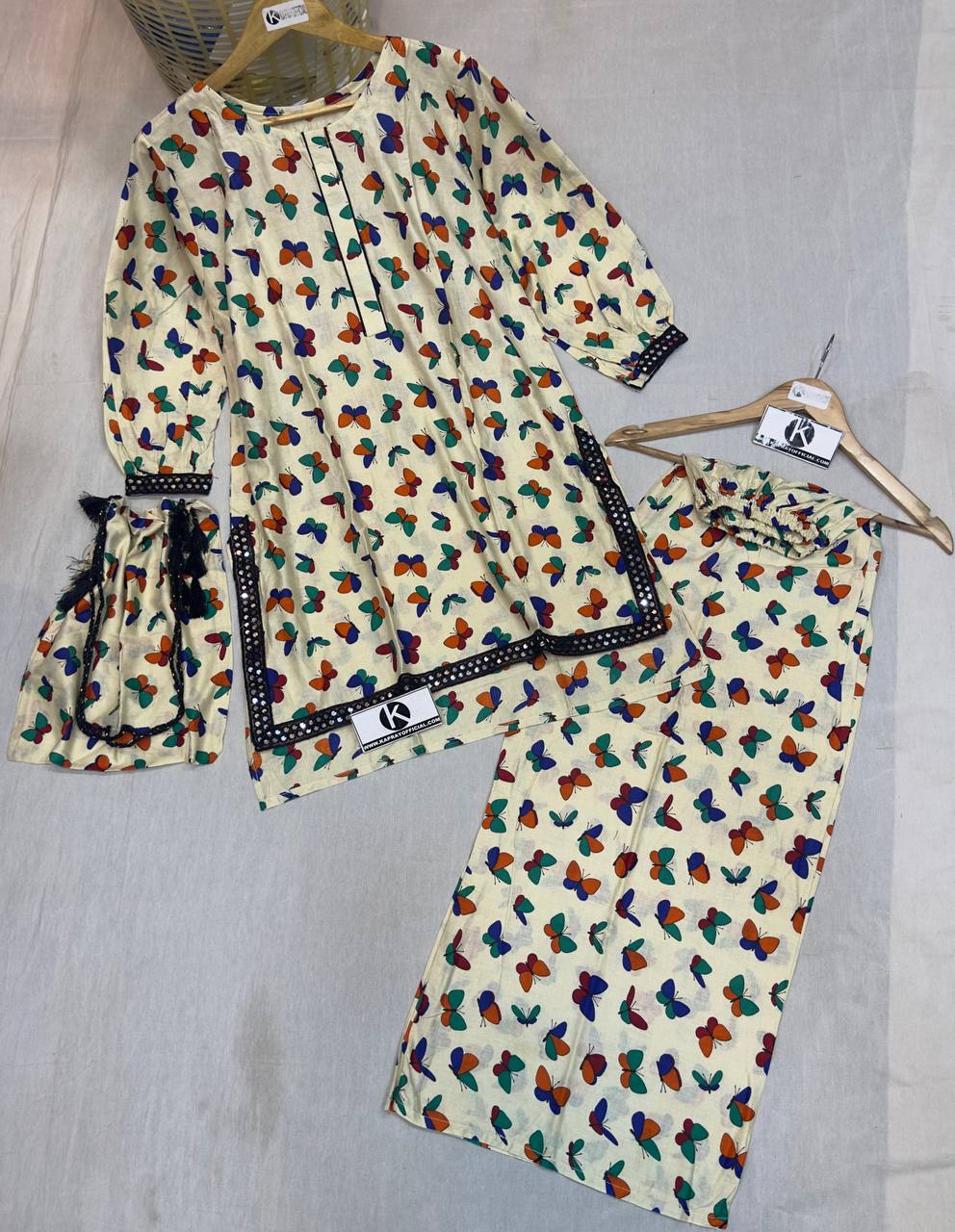 BUTTERFLY Printed 3 Piece Suite PLAZO+ SHIRT+ PURSE