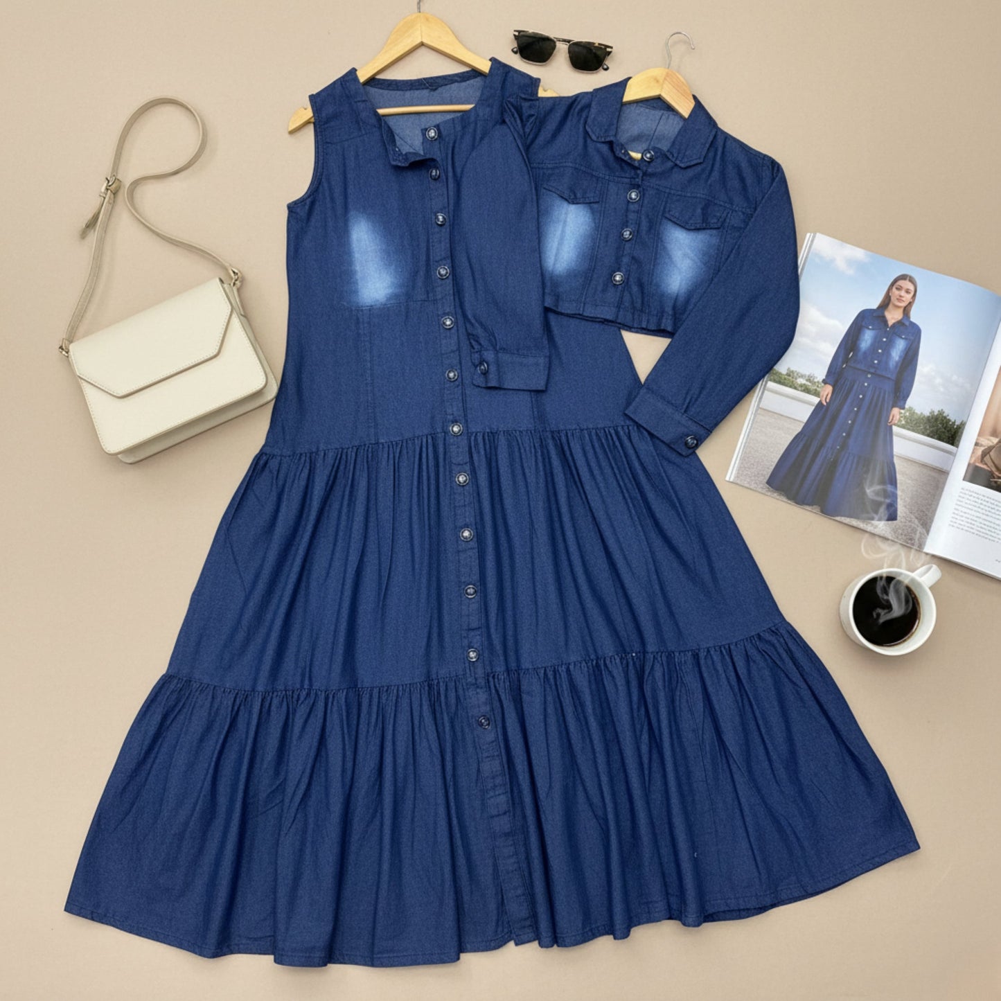 Premium Denim Jacket & Front Open Maxi