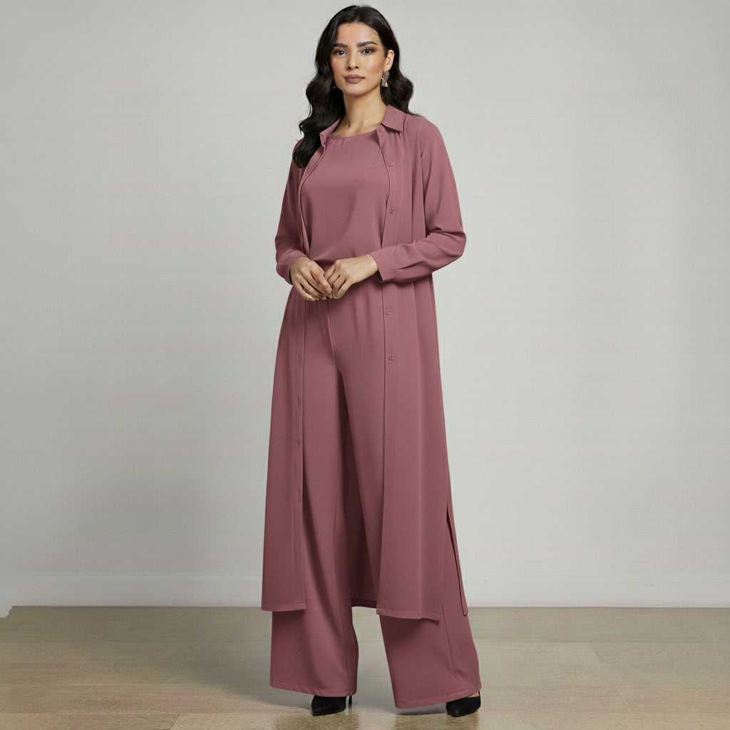 Women’s 3-Piece Modest Suit Set — Long Upper, Inner Top & Wide-Leg Trouser