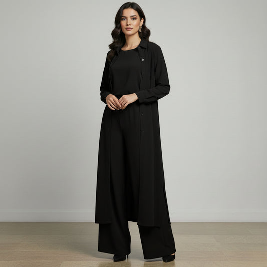 Women’s 3-Piece Modest Suit Set — Long Upper, Inner Top & Wide-Leg Trouser