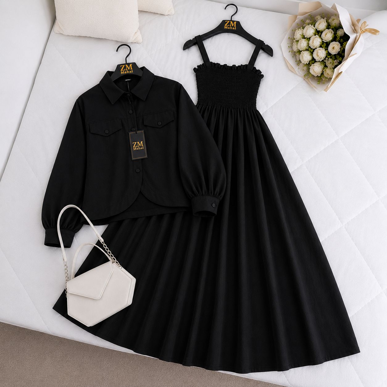 Imported Graceful Two-Piece Jacket & Smocked Maxi Set in Black for Women
