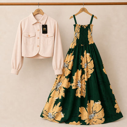 Floral Maxi Dress Set for Women – Turkish Style Smokie Maxi with Jacket