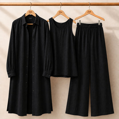Modest Suit Long Top, Inner & Wide-Leg Pants 3-Piece