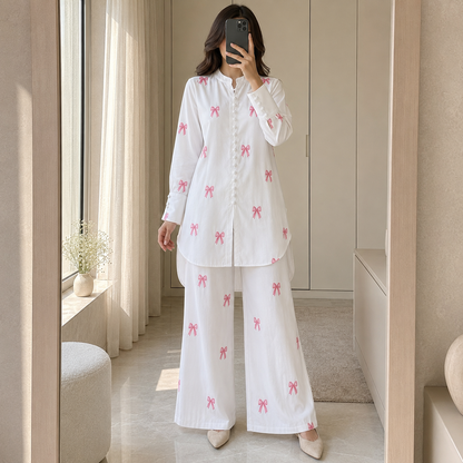Lunessa Ribbon Bloom Co-Ord Set in White with Pink Ribbon Bow Embroidery Premium Women's Two Piece Outfit