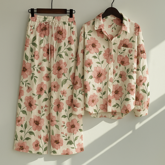 T-Pink Flower Printed Western Shirt Style 2-Pcs Stitched Co-Ord Set