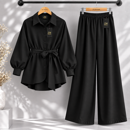 Belted Shirt & Wide Leg Trouser Co-Ord Set