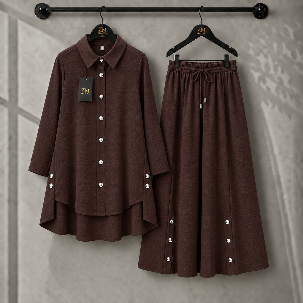 Aylin Turkish High-Low Co-Ord Set in Chocolate Brown - women’s 2-piece outfit | KaprayOfficial