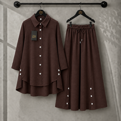 Aylin Turkish High-Low Co-Ord Set in Chocolate Brown - women’s 2-piece outfit | KaprayOfficial