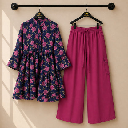 Women's floral printed tunic co-ord set with wide-leg cargo trousers in premium fabric.