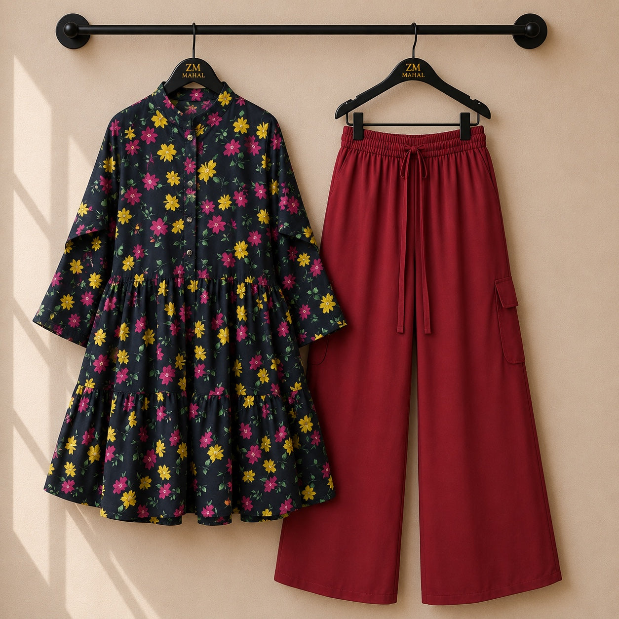 Women's floral printed tunic co-ord set with wide-leg cargo trousers in premium fabric.