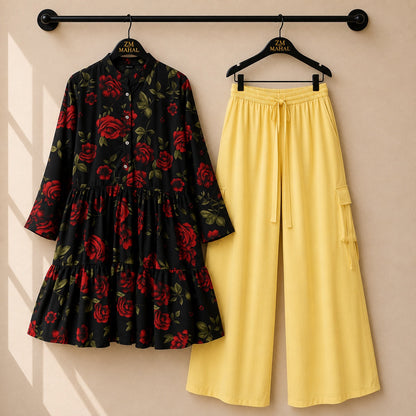 Women's floral printed tunic co-ord set with wide-leg cargo trousers in premium fabric.
