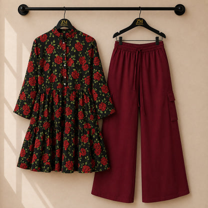 Women's floral printed tunic co-ord set with wide-leg cargo trousers in premium fabric.