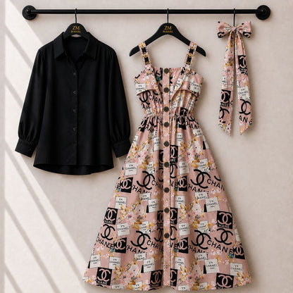 Floral Strap Maxi Dress with Shirt – Elegant Women Outfit K1