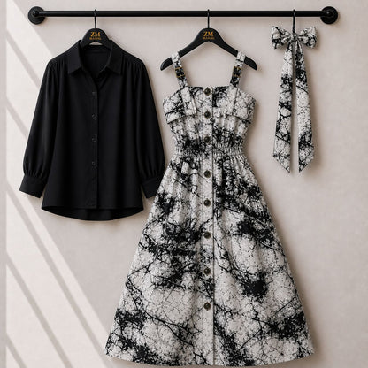 Floral Strap Maxi Dress with Shirt – Elegant Women Outfit K1
