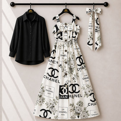 Floral Strap Maxi Dress with Shirt – Elegant Women Outfit K1