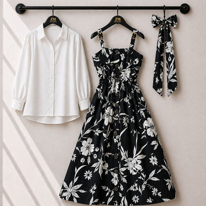 Floral Strap Maxi Dress with Shirt – Elegant Women Outfit K1