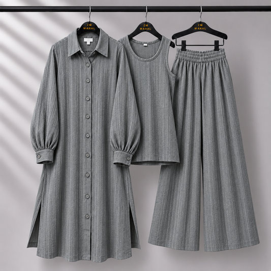 Modest Suit Long Top, Inner & Wide-Leg Pants 3-Piece | ZM-023