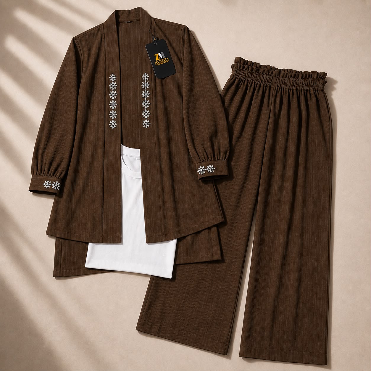 Brown embroidered georgette shrug co-ord set – 3 piece